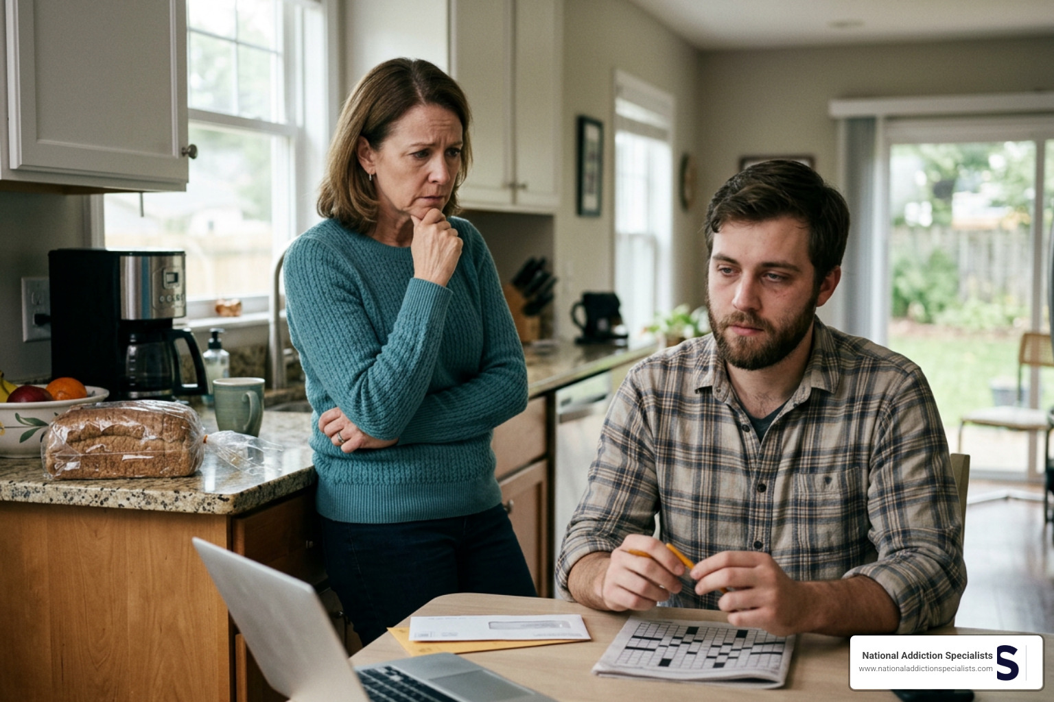 A family member looking with concern at their loved one, highlighting the early signs of addiction A family member looking with concern at their loved one, highlighting the early signs of addiction