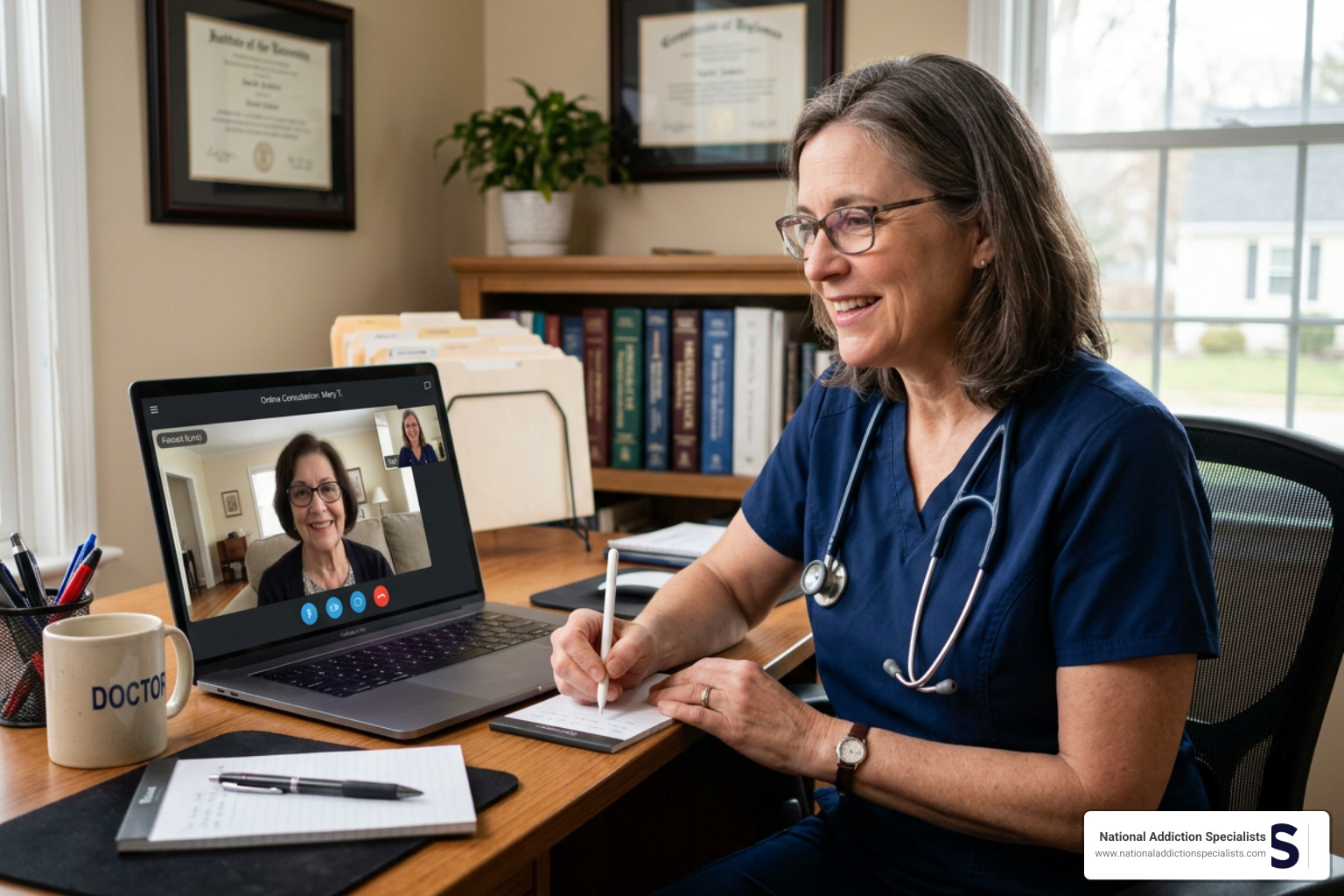 A patient speaking warmly with a healthcare provider during an online telemedicine consultation A patient speaking warmly with a healthcare provider during an online telemedicine consultation
