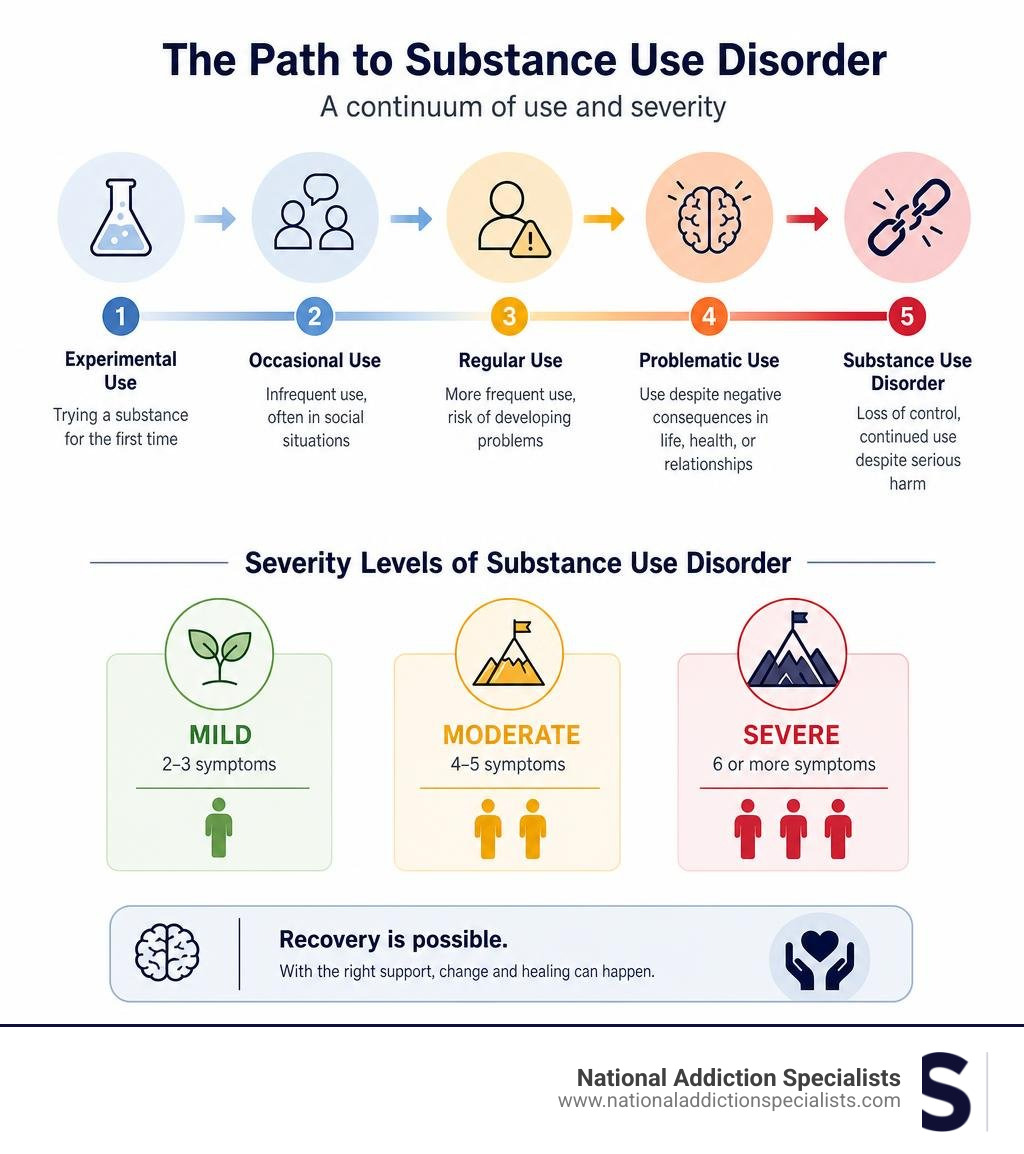 Infographic showing progression from experimental use to substance use disorder with severity levels infographic Infographic showing progression from experimental use to substance use disorder with severity levels infographic