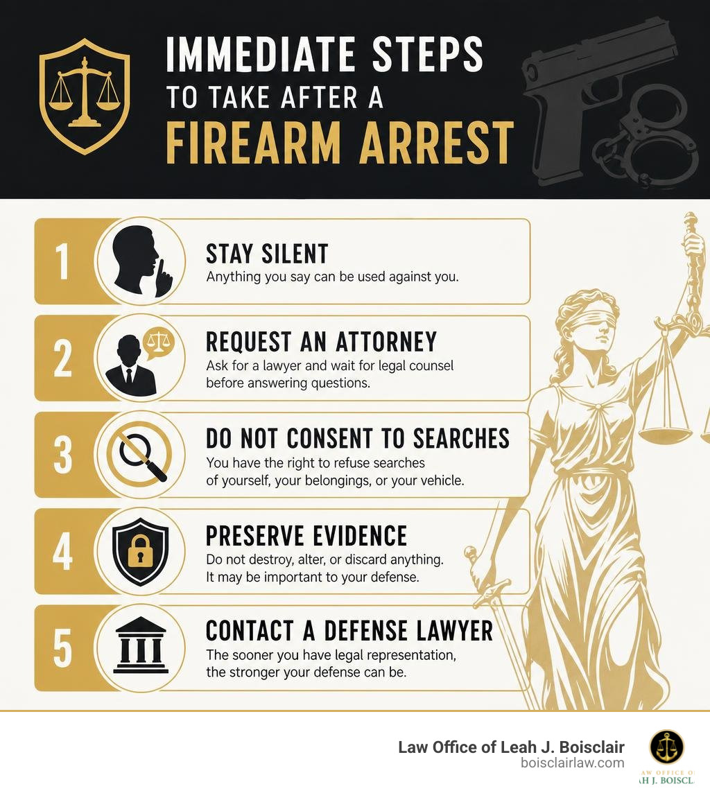 Immediate steps to take after a firearm arrest: stay silent, request attorney, do not consent to search, preserve evidence