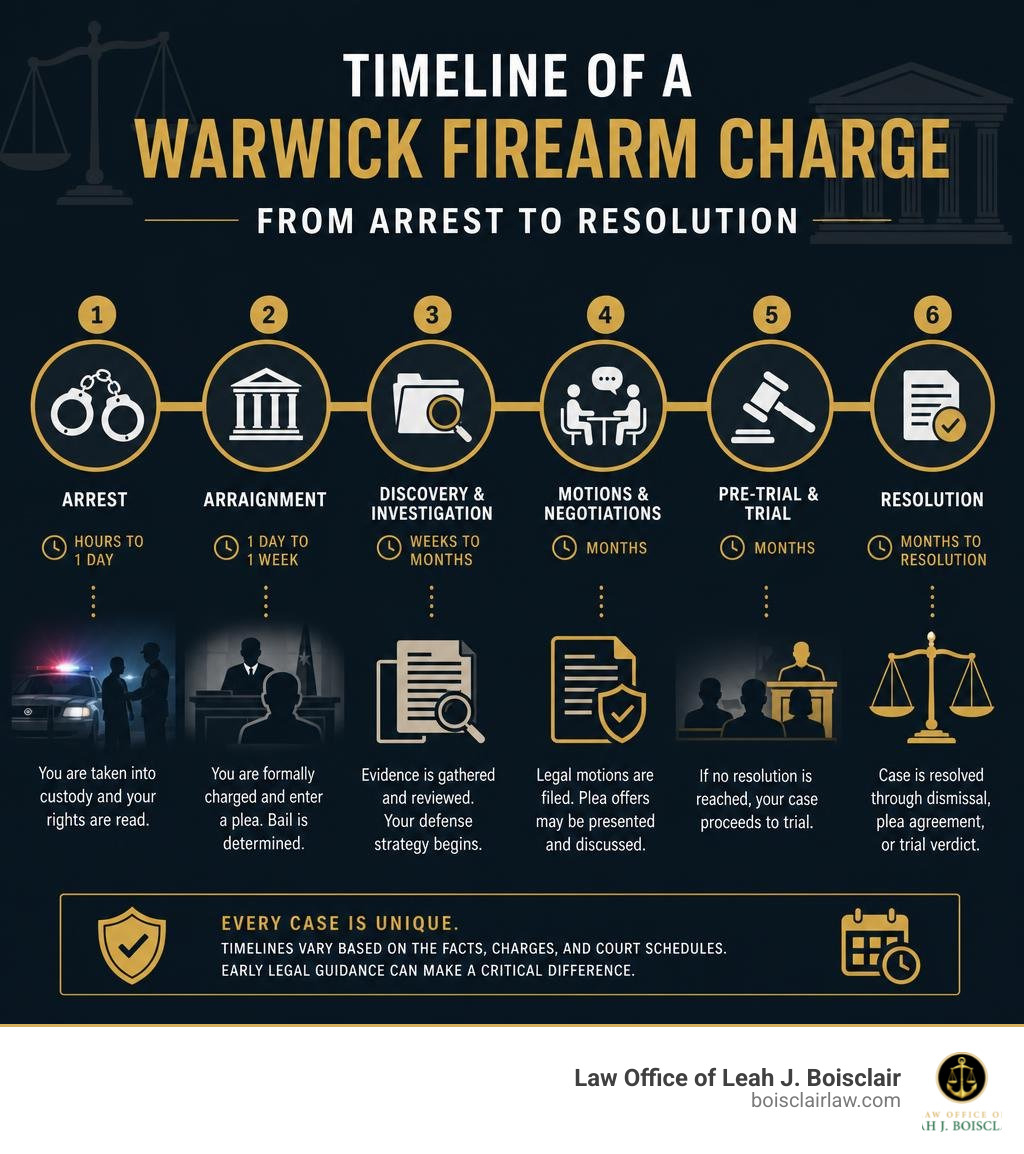 Timeline of a Warwick firearm charge from arrest to resolution infographic