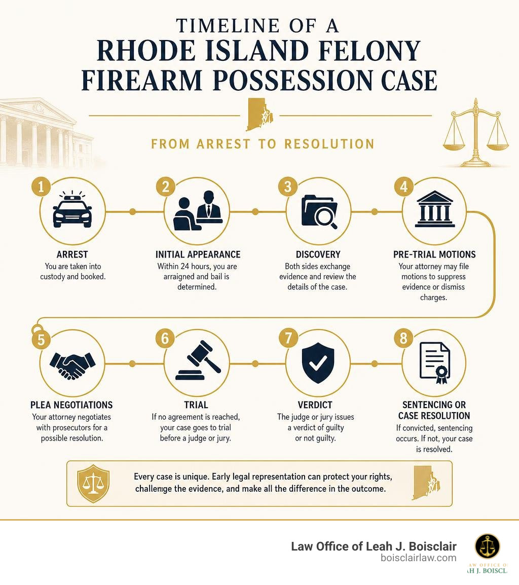 Timeline of a Rhode Island felony firearm possession case from arrest to resolution infographic