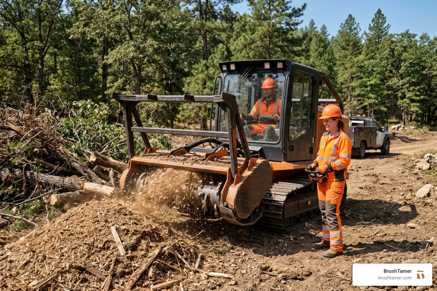 A forestry mulcher processing organic material on-site with a positive male and female crew wearing brand colors