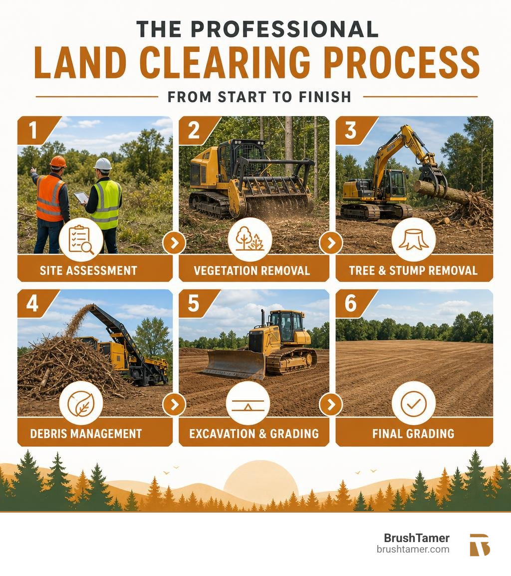An infographic showing the step-by-step professional land clearing process from initial site assessment to final grading