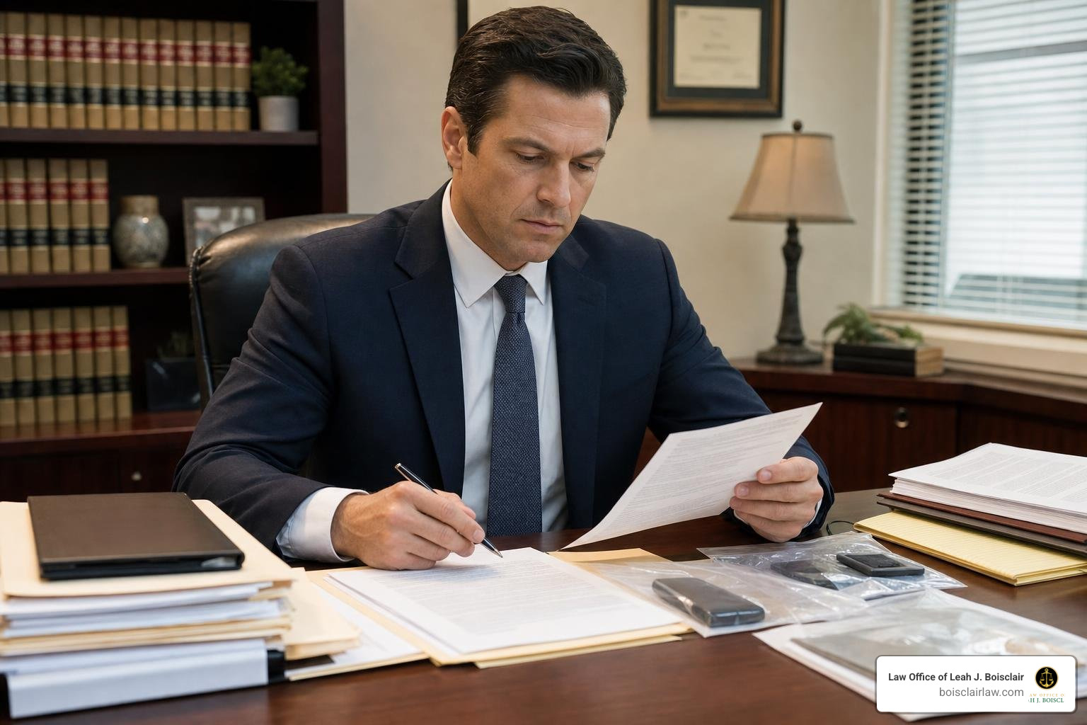 A defense attorney reviewing police reports and evidence