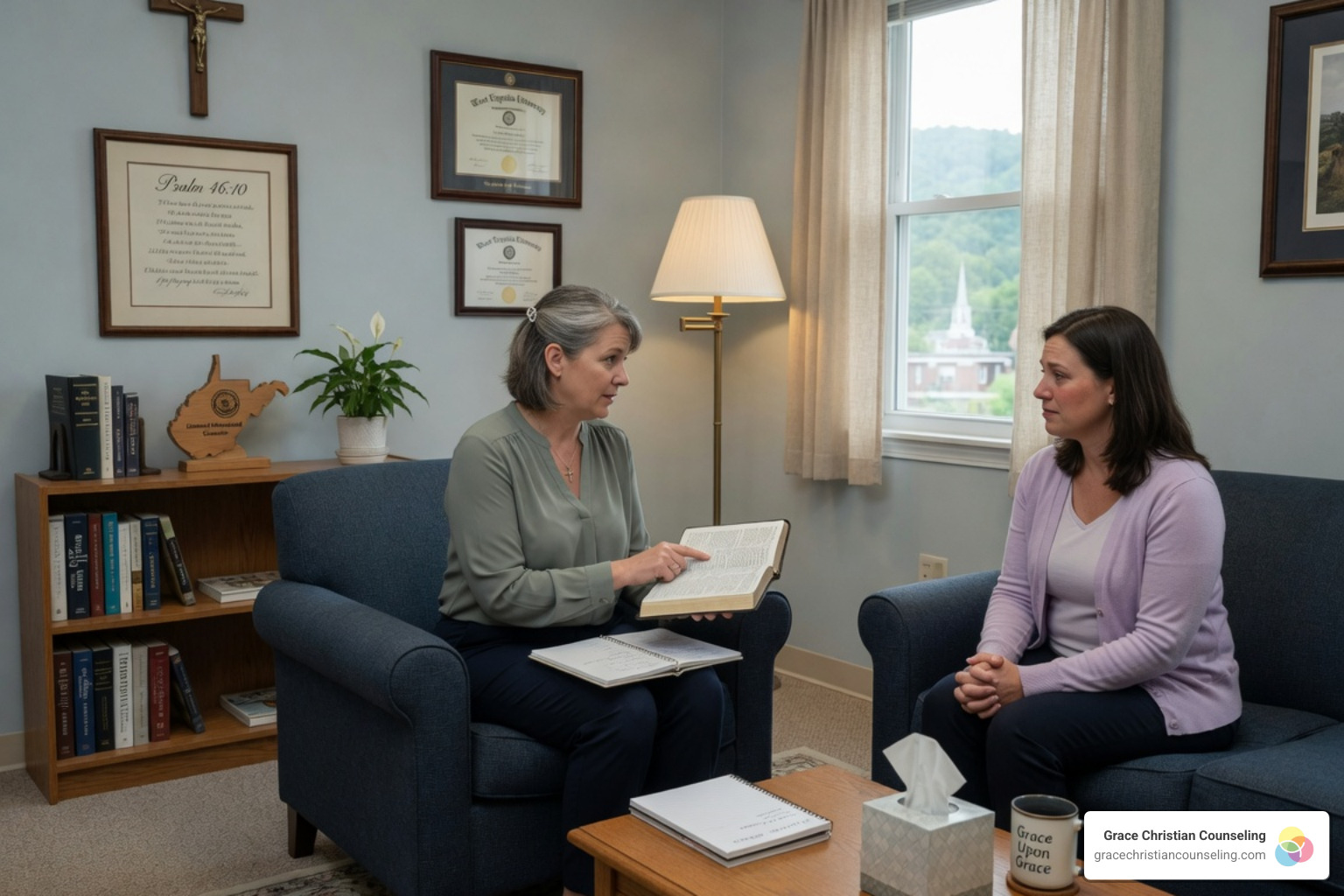 Counselor holding a Bible during a counseling session Counselor holding a Bible during a counseling session