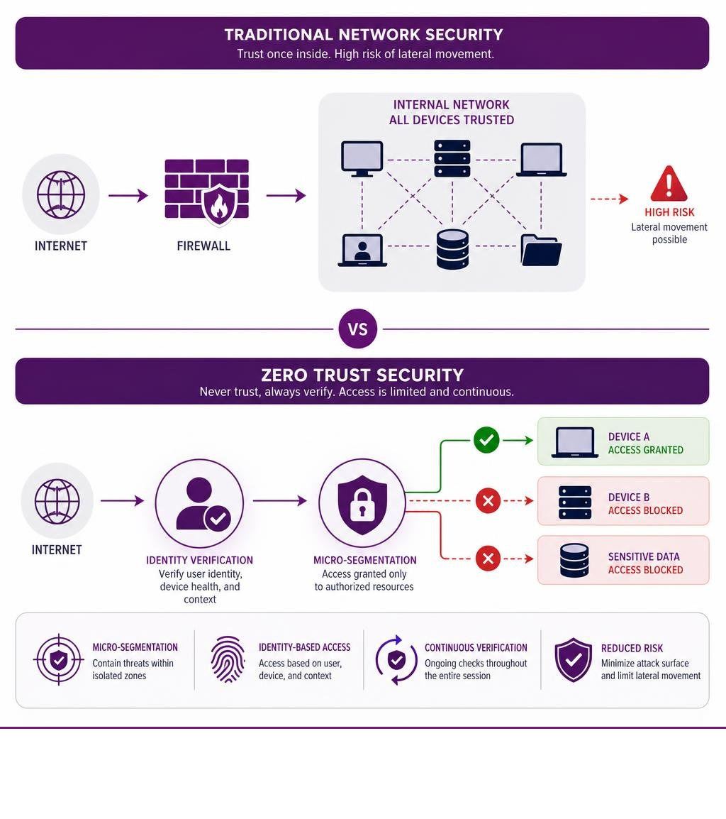 Zero Trust vs traditional network security diagram showing identity verification and micro-segmentation infographic Zero Trust vs traditional network security diagram showing identity verification and micro-segmentation infographic