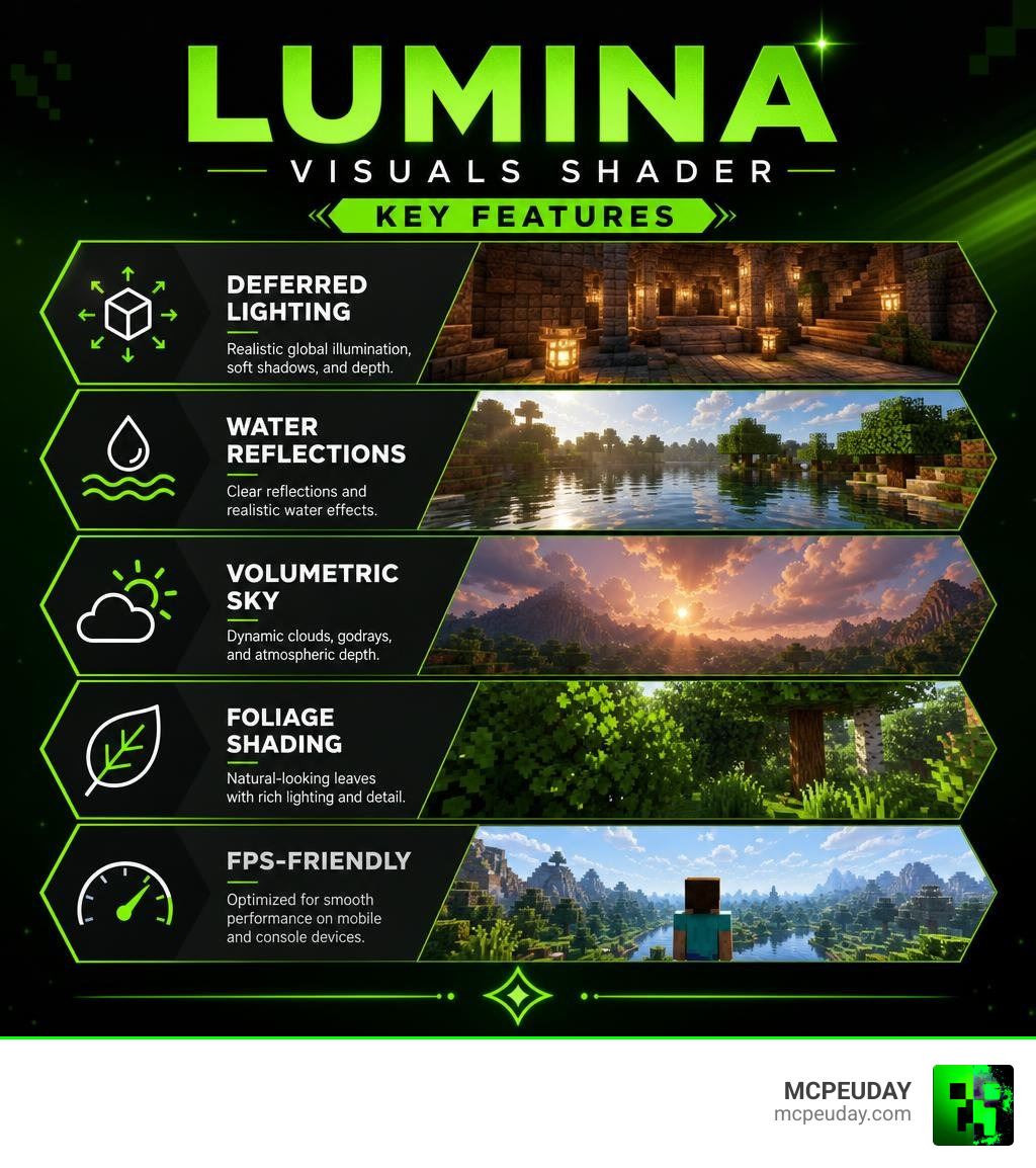 Infographic showing Lumina Visuals Shader key features: deferred lighting, water reflections, volumetric sky, foliage Infographic showing Lumina Visuals Shader key features: deferred lighting, water reflections, volumetric sky, foliage