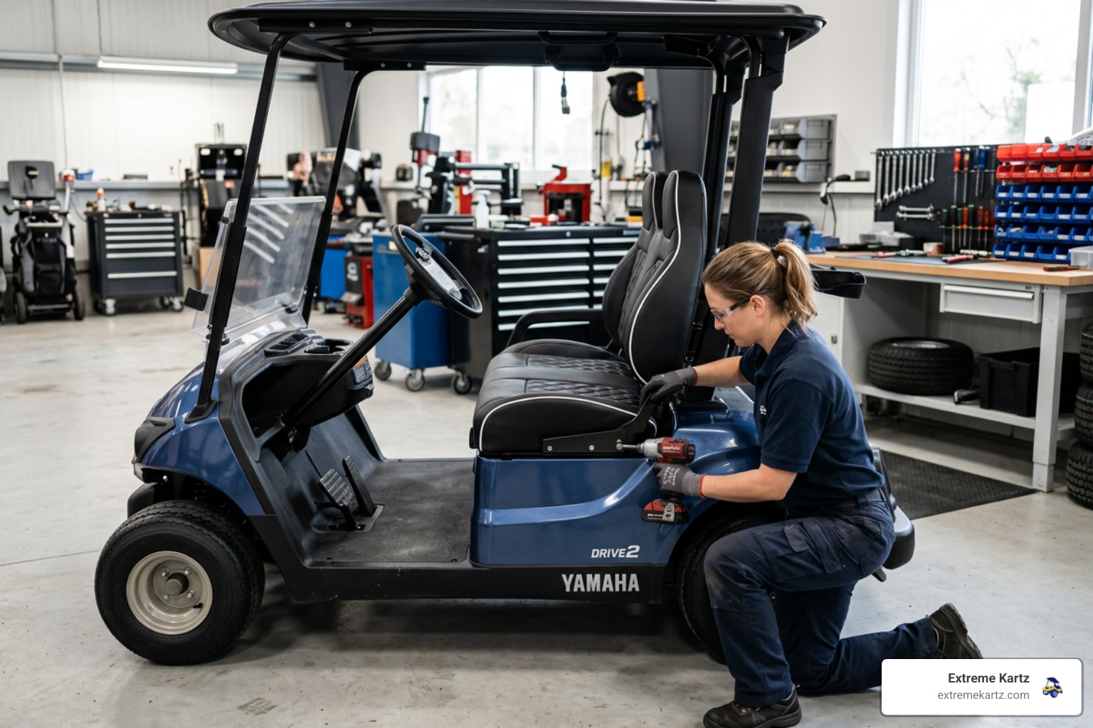 Mechanic installing a custom black bolstered seat on one properly aligned Yamaha Drive2 golf cart in a workshop - custom
