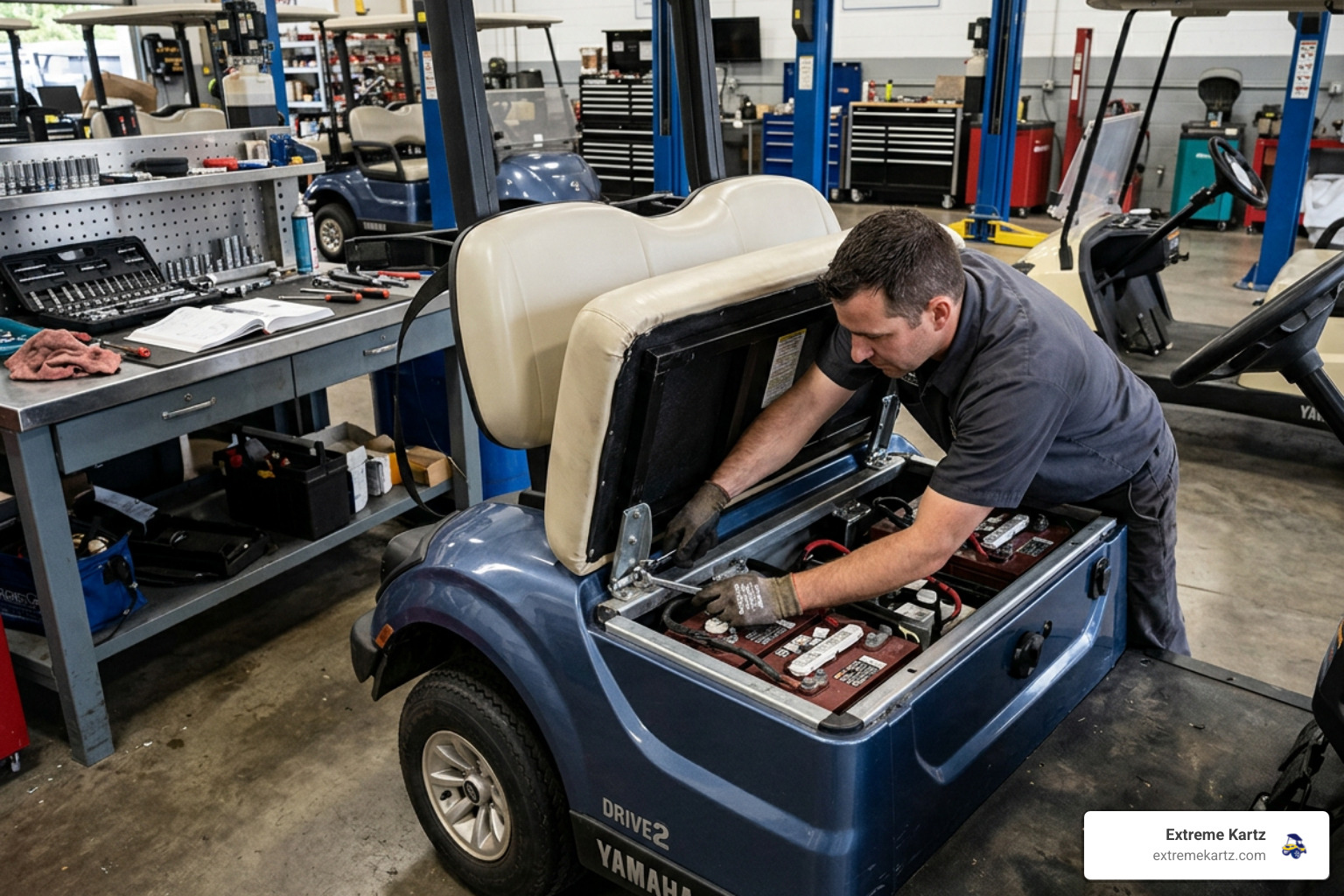 Technician adjusting a Yamaha golf cart seat hinge at the front of the battery bay