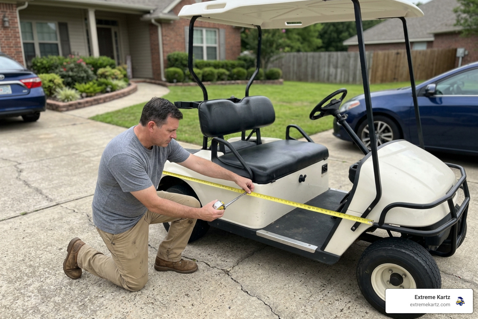 measuring a golf cart roof and body length with a tape measure