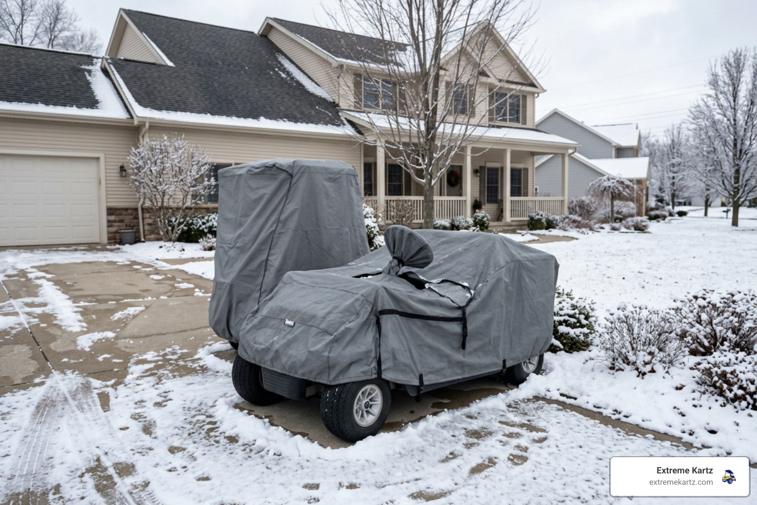 golf cart winter cover parked outside in snow on driveway