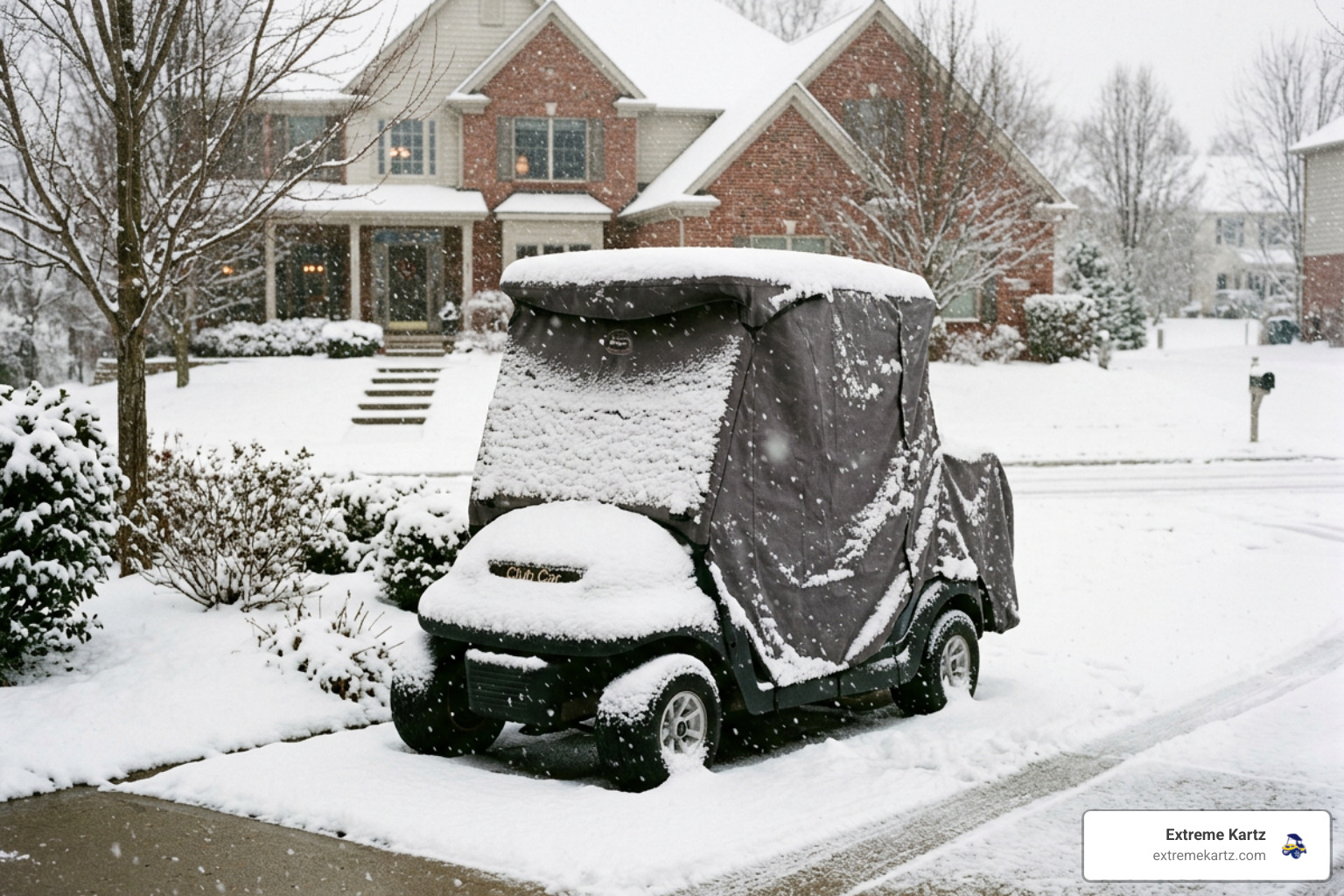 covered golf cart parked on driveway during heavy winter snowfall