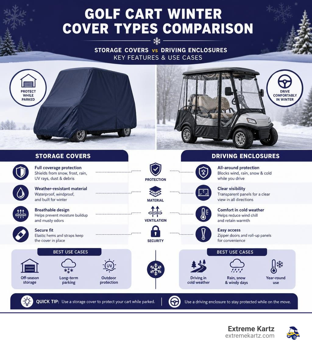 Golf cart winter cover types comparison: storage covers vs driving enclosures with key features and use cases infographic