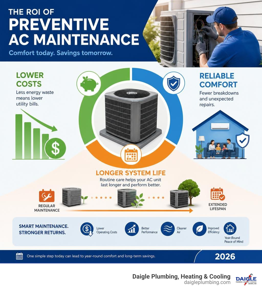 Infographic showing ROI of annual AC maintenance: costs, energy savings, and lifespan benefits infographic Infographic showing ROI of annual AC maintenance: costs, energy savings, and lifespan benefits infographic