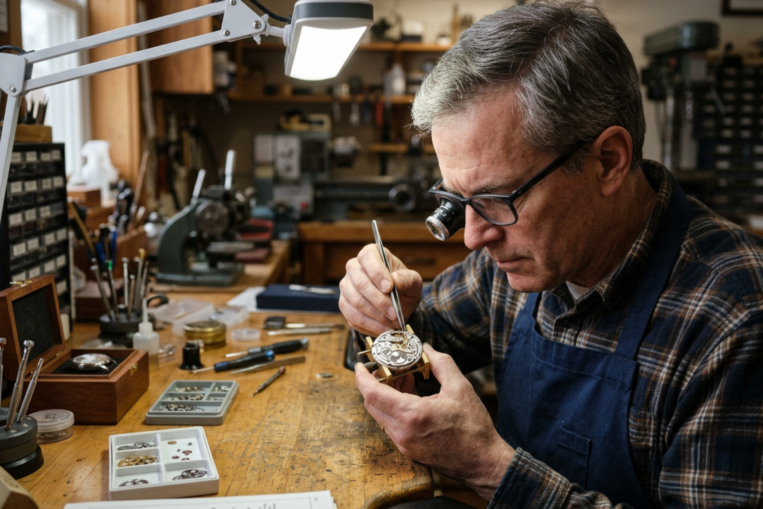 watchmaker inspecting a watch movement watchmaker inspecting a watch movement