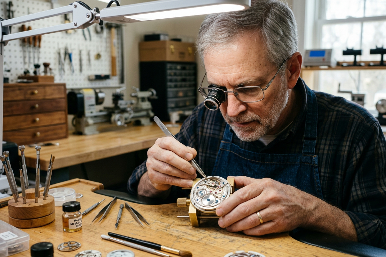 watchmaker inspecting a mechanical movement