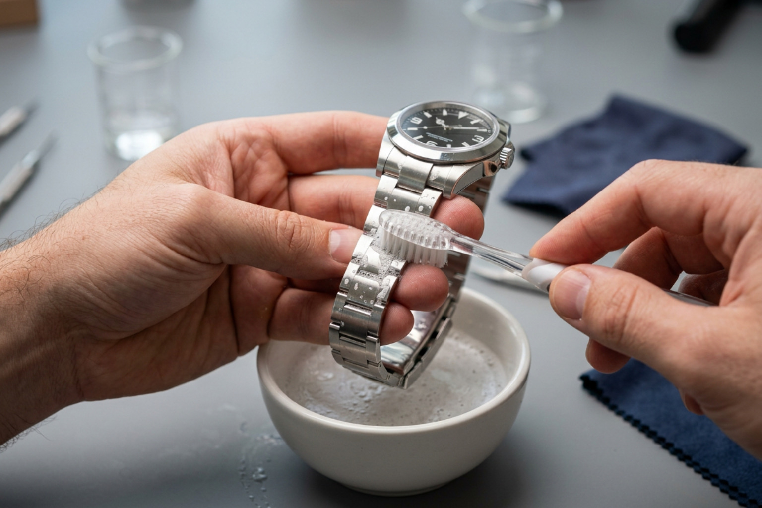 carefully cleaning a luxury watch metal bracelet