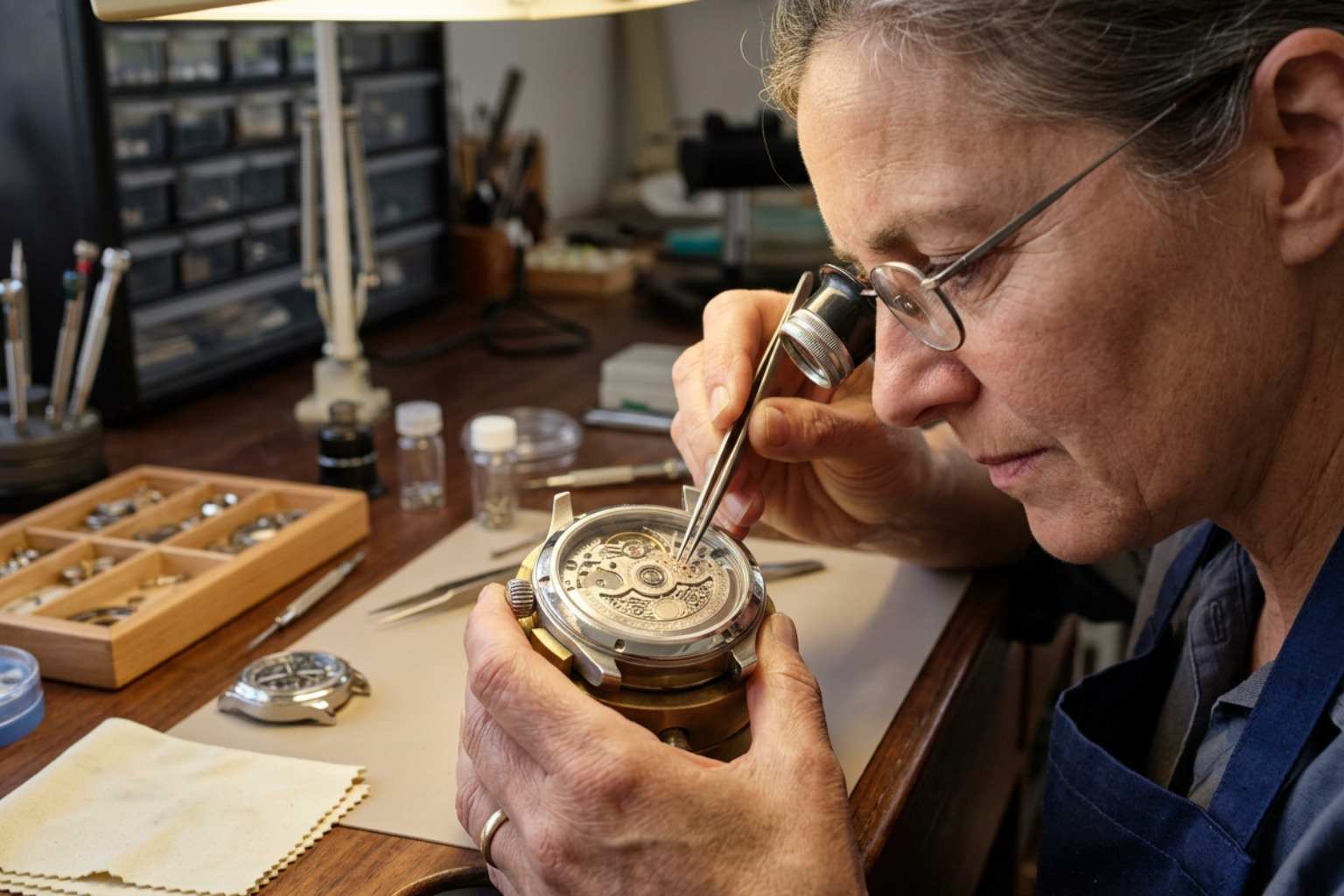 expert watchmaker inspecting a modern watch movement