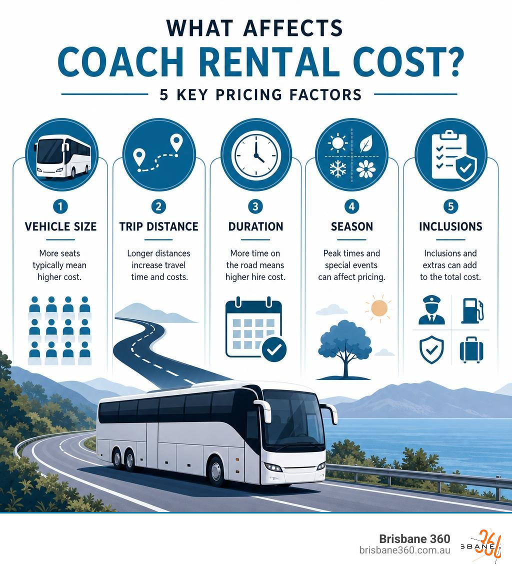 Infographic showing key coach rental pricing factors: vehicle size, trip distance, duration, season, and inclusions