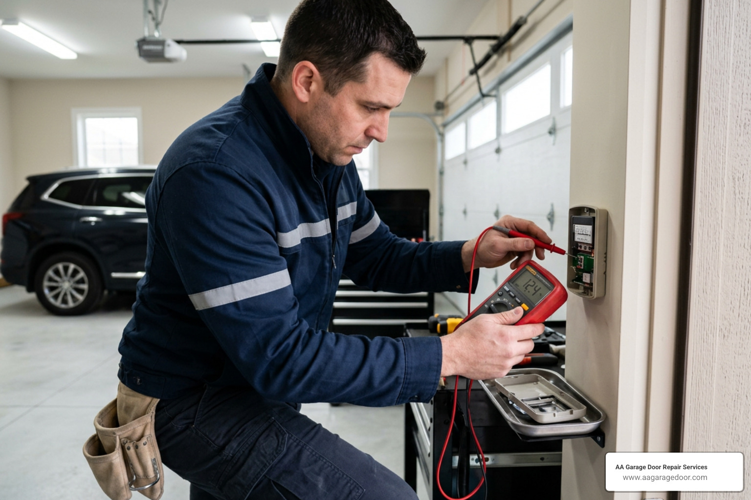 A technician troubleshooting a wireless keypad