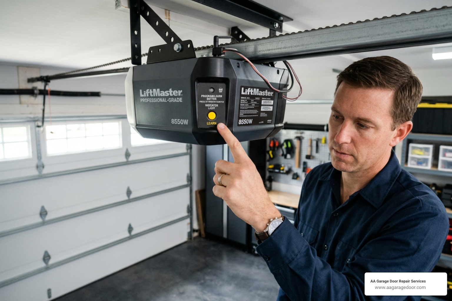 A technician pointing to the yellow Learn button on a LiftMaster garage door opener motor unit