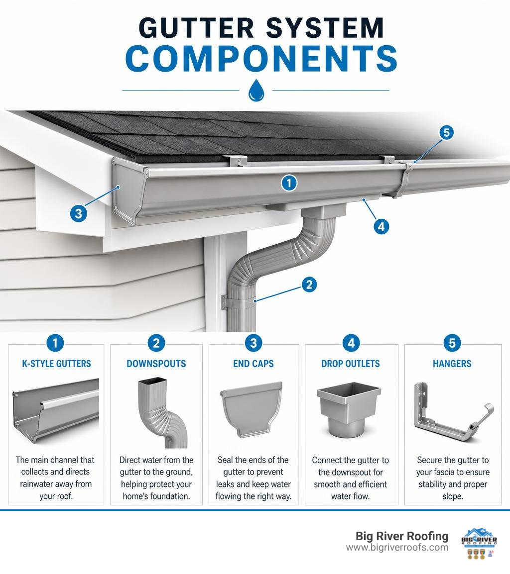 infographic showing gutter system components including K-style gutters, downspouts, end caps, drop outlets, and hangers infographic showing gutter system components including K-style gutters, downspouts, end caps, drop outlets, and hangers