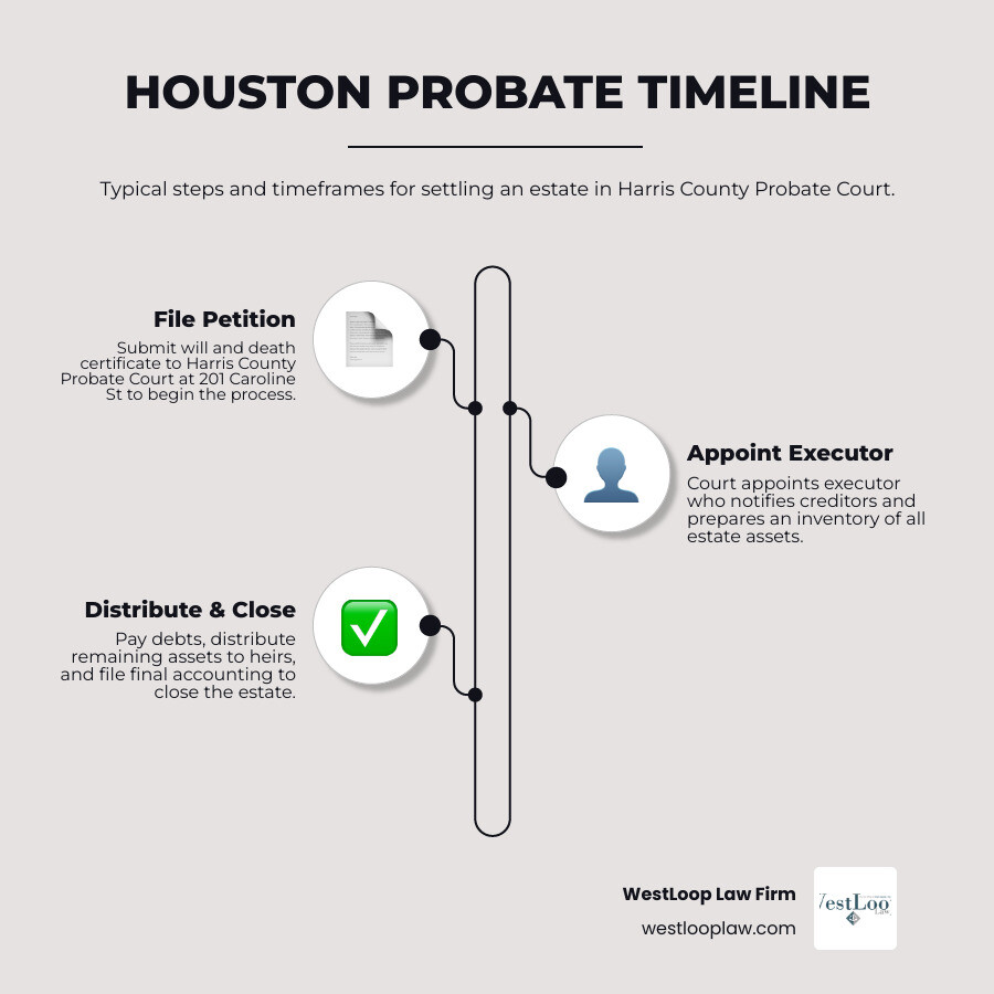 Texas probate process timeline infographic from filing to estate distribution in Harris County infographic Texas probate process timeline infographic from filing to estate distribution in Harris County infographic