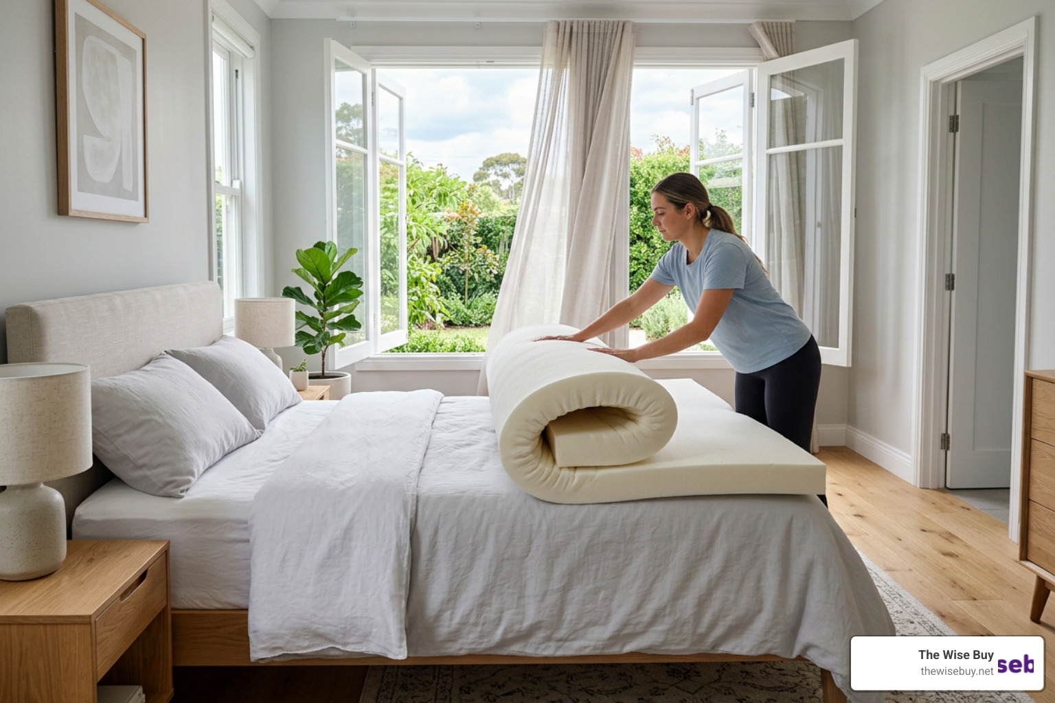 High-density memory foam topper expanding in a ventilated bedroom High-density memory foam topper expanding in a ventilated bedroom