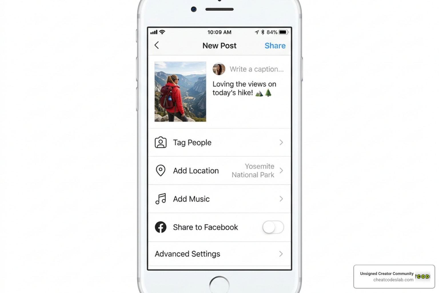 Instagram app post creation screen showing the location of the Advanced Settings button