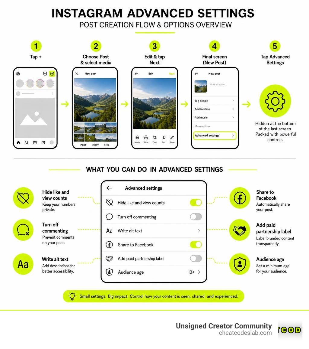 Instagram advanced settings panel overview infographic showing post creation flow and available options infographic