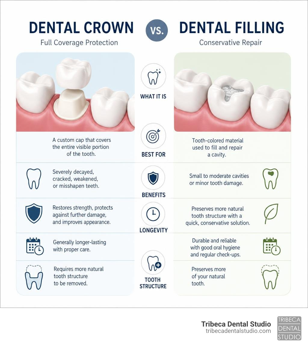 Comparison infographic showing a dental crown vs a dental filling infographic Comparison infographic showing a dental crown vs a dental filling infographic