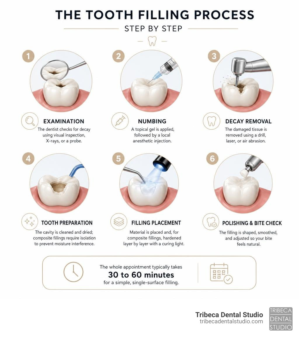Step-by-step infographic of the tooth filling process from exam to polishing infographic Step-by-step infographic of the tooth filling process from exam to polishing infographic