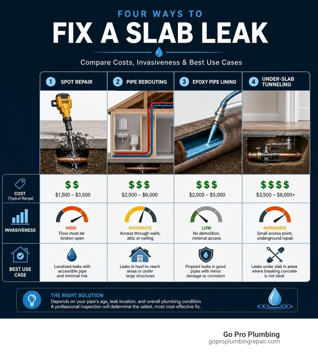 Infographic showing four slab leak repair methods with costs, invasiveness, and best use cases infographic Infographic showing four slab leak repair methods with costs, invasiveness, and best use cases infographic