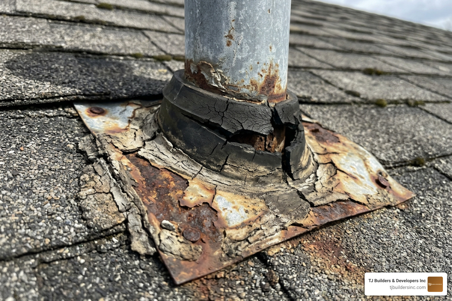 Damaged roof vent flashing showing rust and cracked sealant