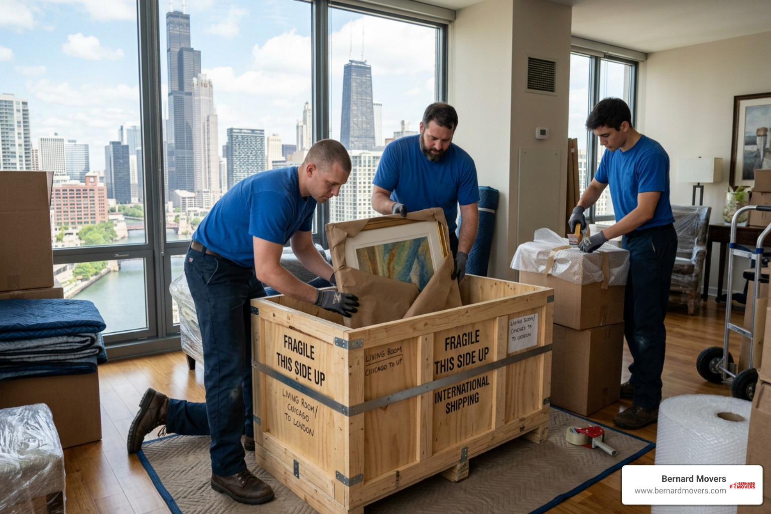 Professional movers packing household goods securely for international shipping Professional movers packing household goods securely for international shipping