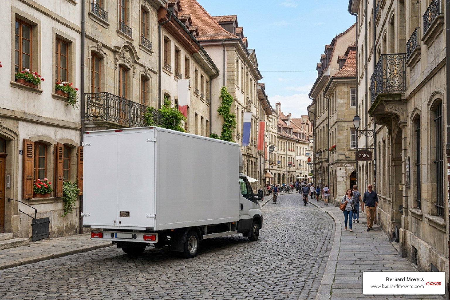 A professional moving truck driving through a historic European city street A professional moving truck driving through a historic European city street
