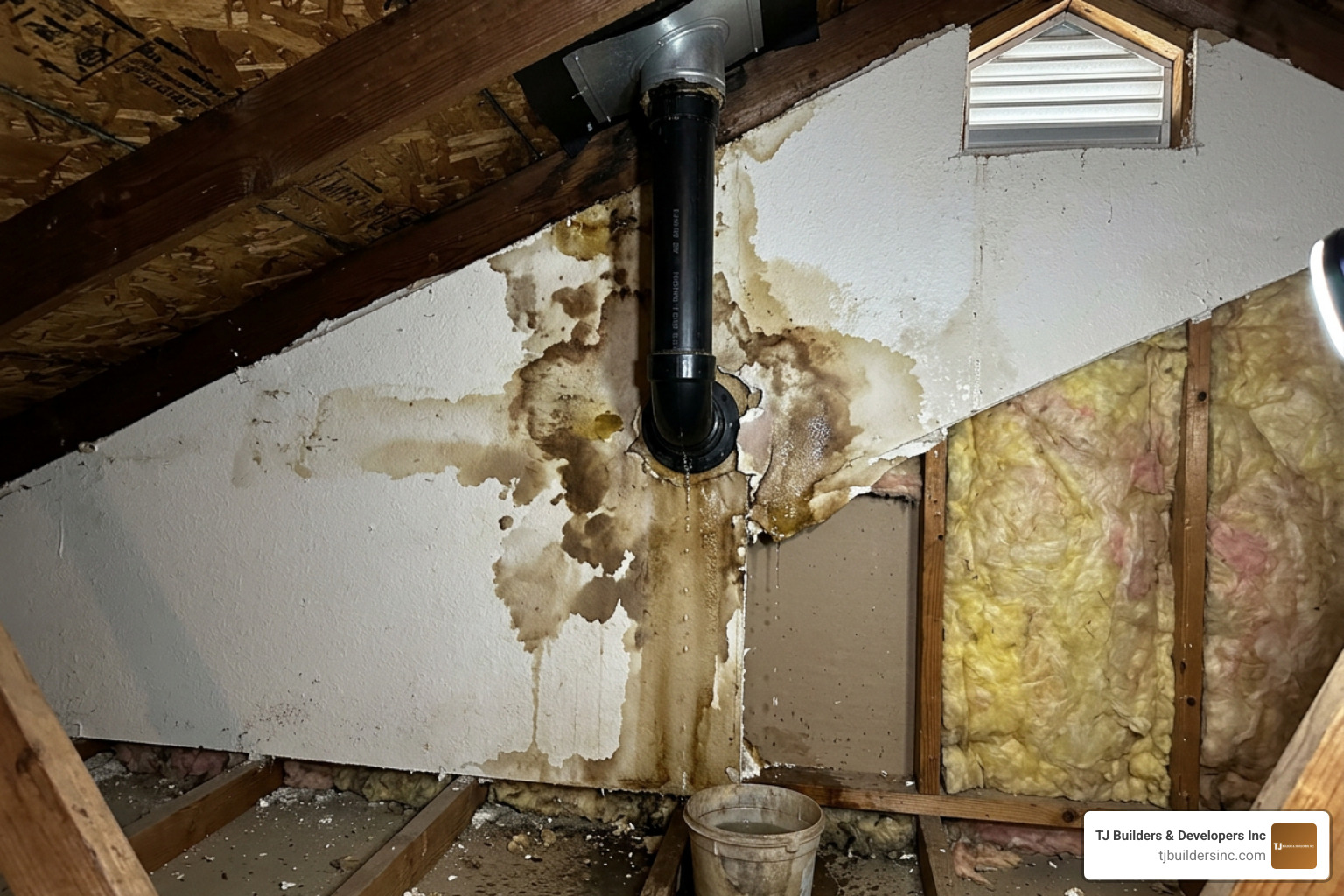 Water stains on attic ceiling indicating a slow roof vent leak