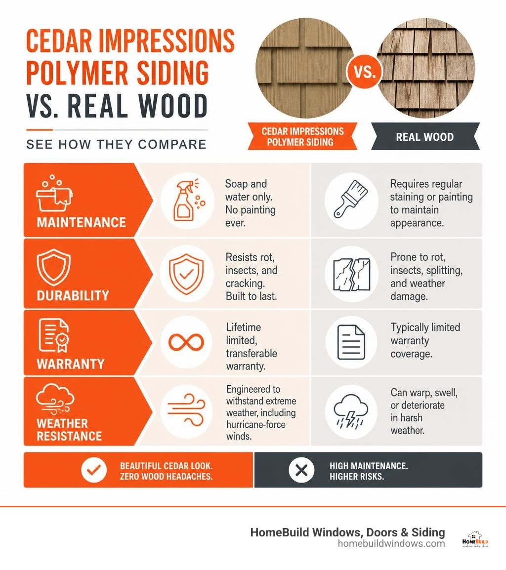 Infographic comparing Cedar Impressions polymer siding vs real wood: maintenance, durability, warranty, weather resistance