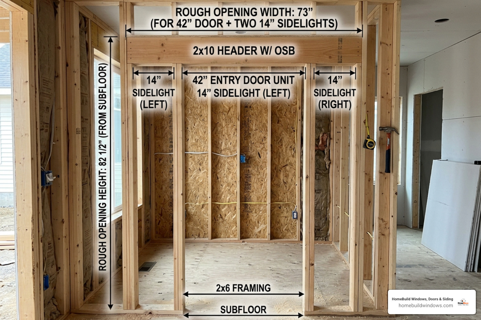 Rough opening measurements for a 42-inch entry door with sidelights