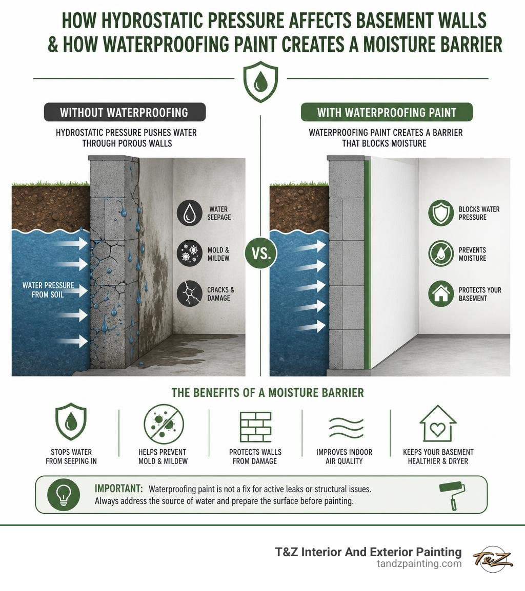 How hydrostatic pressure affects basement walls and how waterproofing paint creates a moisture barrier infographic