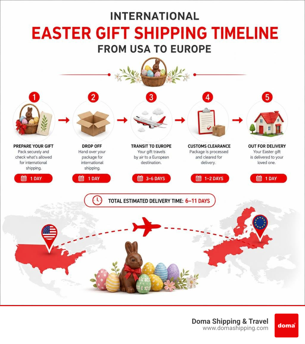 Infographic showing international Easter gift shipping timeline from USA to Europe with key steps and transit times Infographic showing international Easter gift shipping timeline from USA to Europe with key steps and transit times