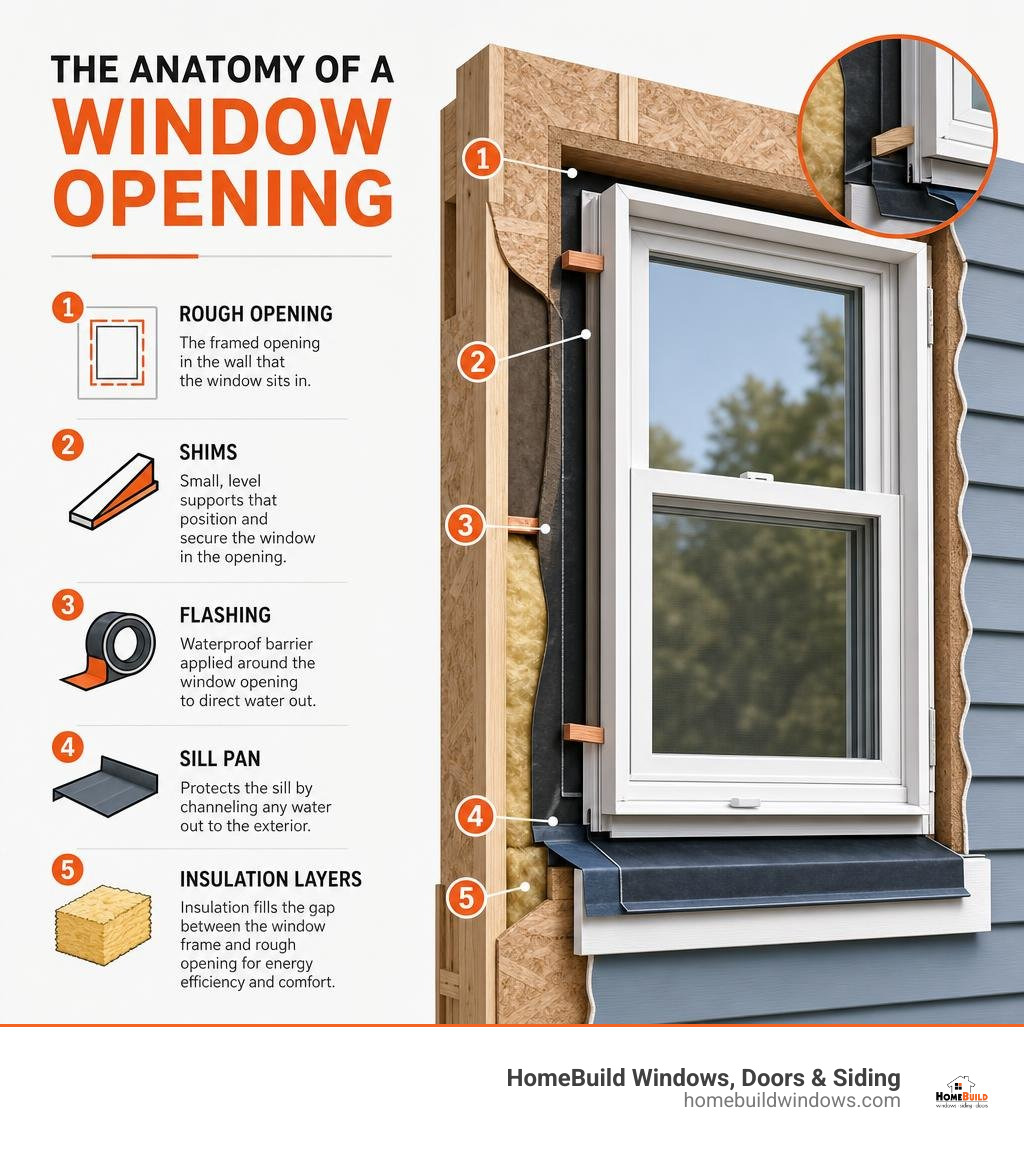 anatomy of a window opening showing rough opening, sill pan, flashing, shims, and insulation layers infographic