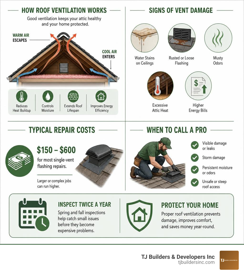 Infographic showing how roof ventilation works, signs of damage, costs, and when to call a pro infographic