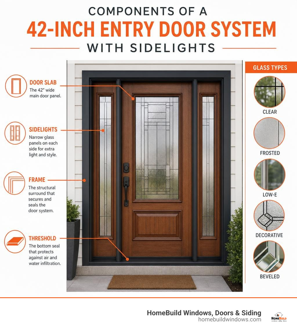 Components of a 42-inch entry door system with sidelights labeled — door slab, sidelights, frame, threshold, and glass types