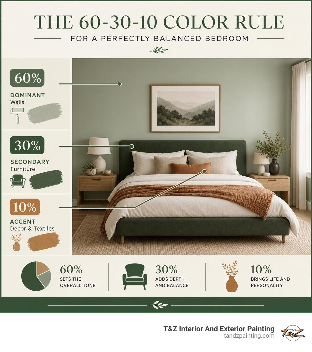 Infographic showing the 60-30-10 color rule applied to bedroom walls, furniture, and accents infographic