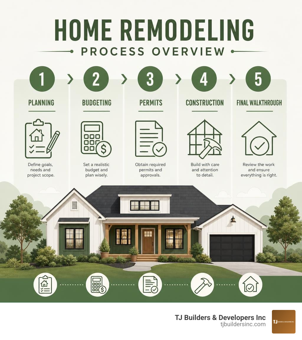Home remodeling process overview infographic: planning, budgeting, permits, construction, final walkthrough infographic Home remodeling process overview infographic: planning, budgeting, permits, construction, final walkthrough infographic