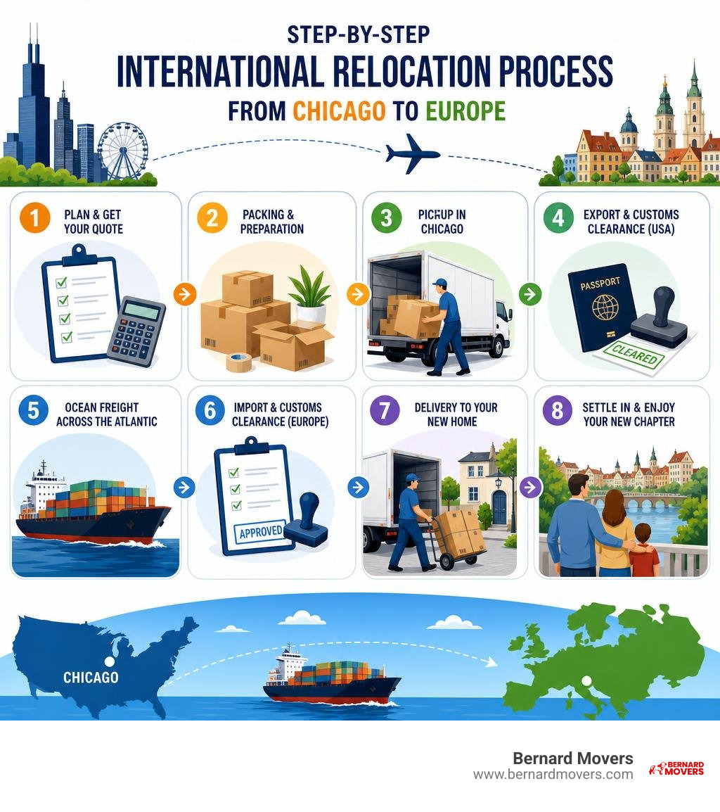 Step-by-step international relocation process from Chicago to Europe infographic infographic Step-by-step international relocation process from Chicago to Europe infographic infographic