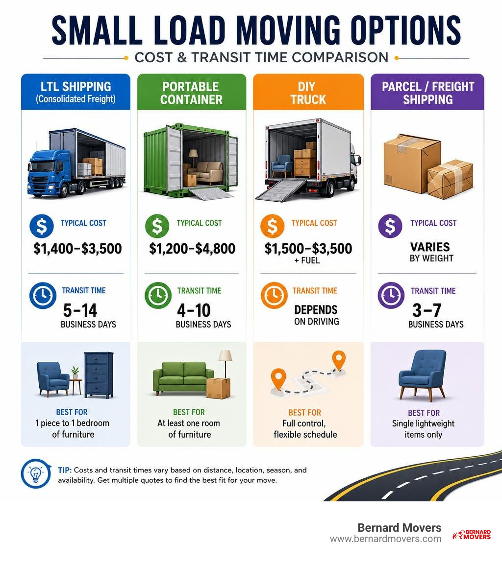 Comparison infographic of small load moving options: LTL shipping, portable containers, DIY truck, and parcel freight with Comparison infographic of small load moving options: LTL shipping, portable containers, DIY truck, and parcel freight with