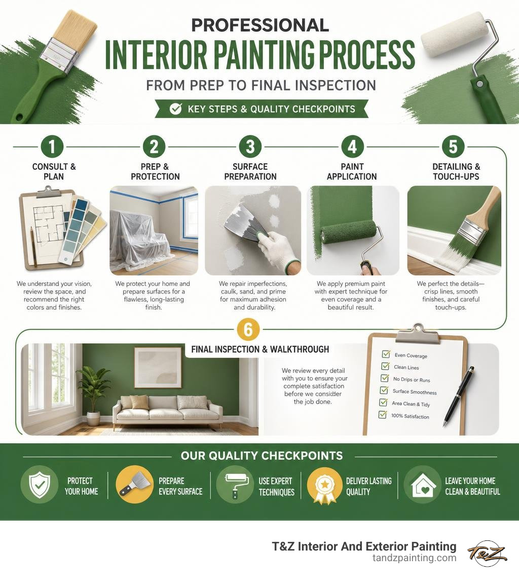 Infographic: Professional interior painting process from prep to final inspection with key steps and quality checkpoints